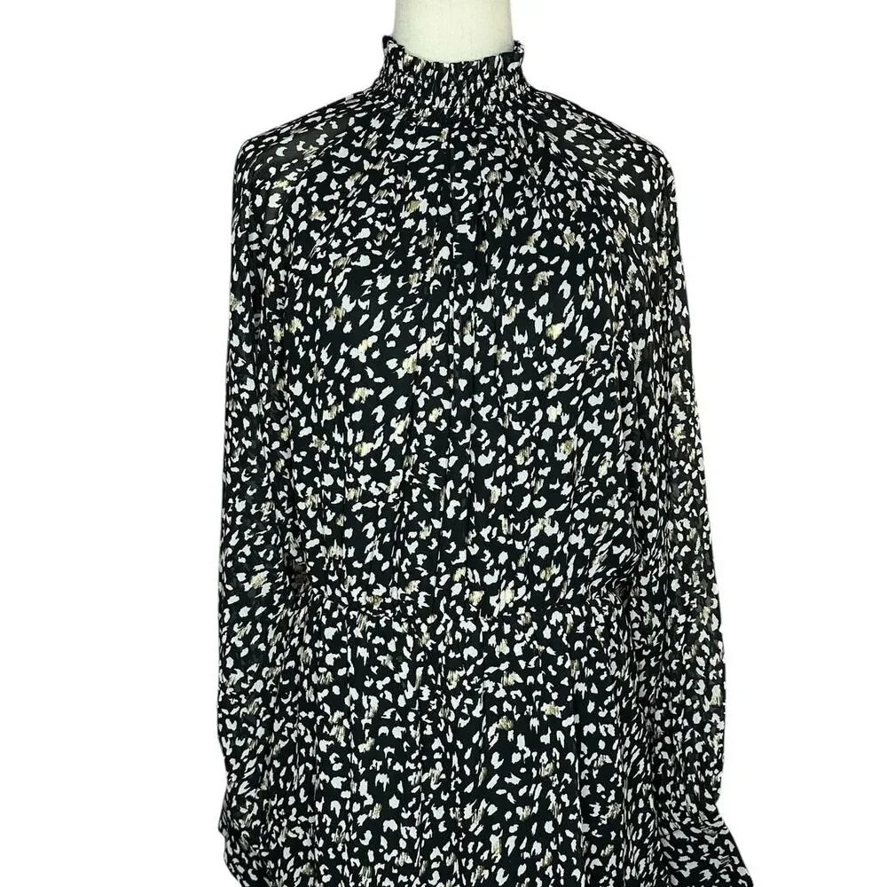 NWOT New York & Company Spotted Mock Neck Long Sleeve Black Gold Dress Size XL